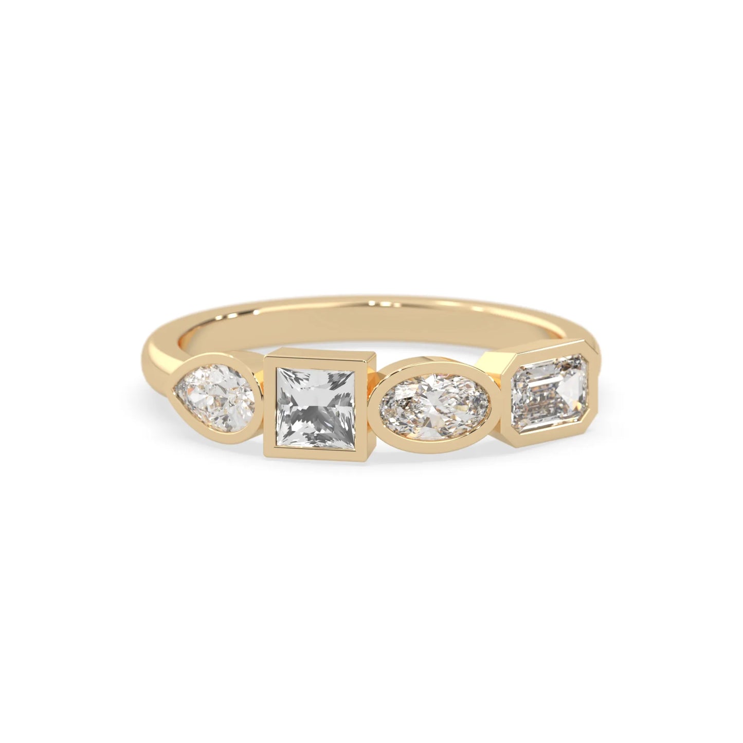 Multi shape lab grown diamond half eternity wedding band with emerald, pear, oval and princess cut diamonds in bezel settings in yellow gold