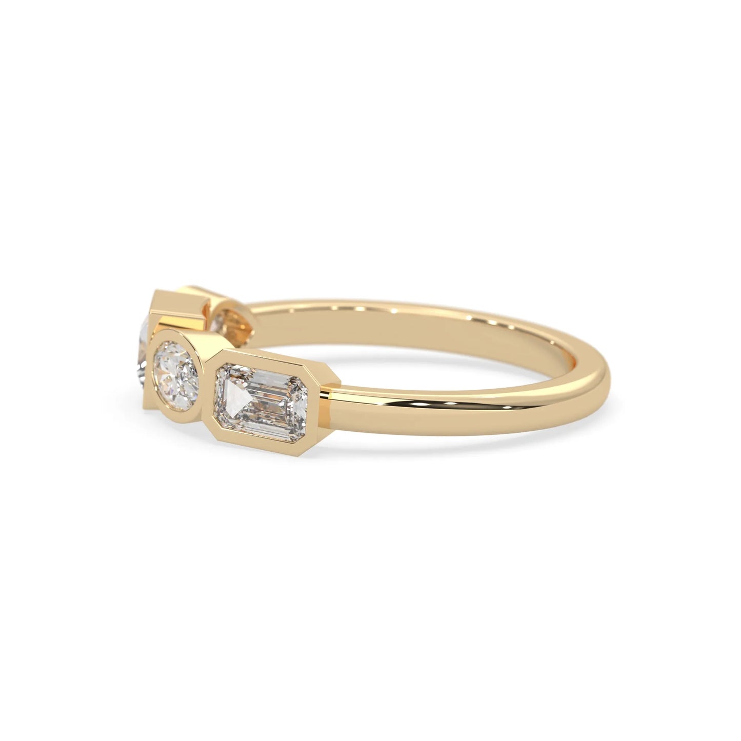 Multi shape lab grown diamond half eternity wedding band with emerald, pear, oval and princess cut diamonds in bezel settings in yellow gold