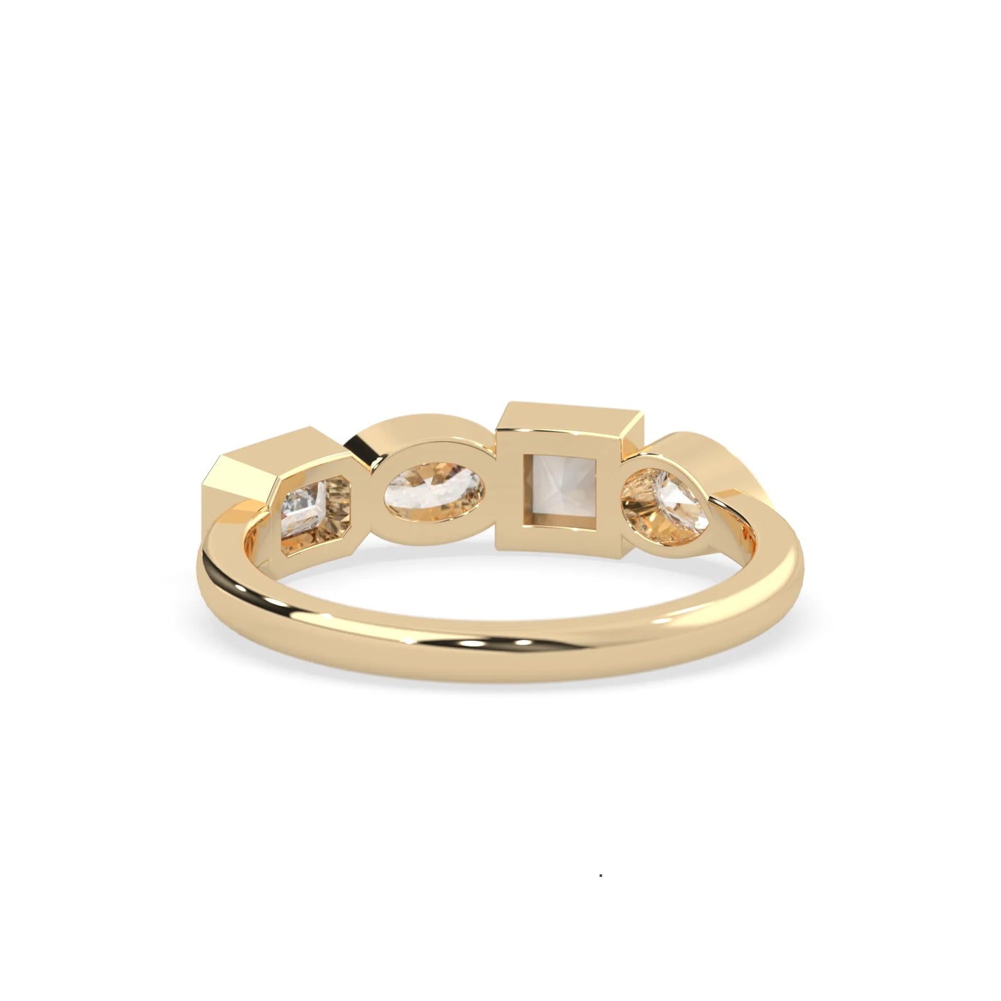 Multi shape lab grown diamond half eternity wedding band with emerald, pear, oval and princess cut diamonds in bezel settings in yellow gold