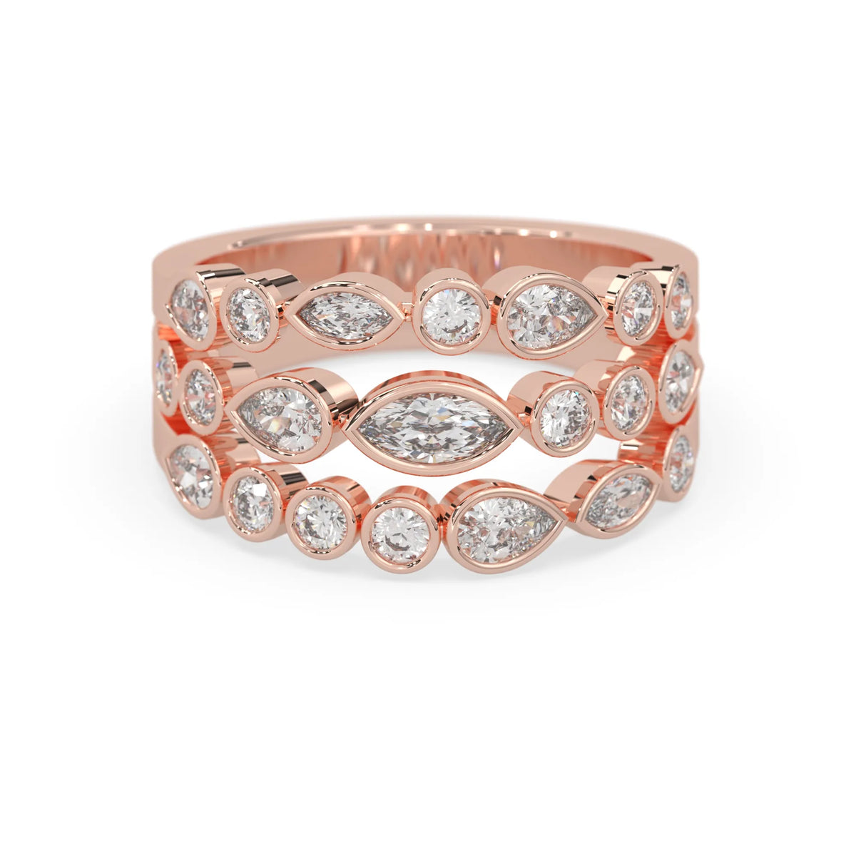 Multi shape bezel set three row lab grown diamond engagement ring with marquise, pear, and round diamonds in rose gold