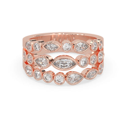 Multi shape bezel set three row lab grown diamond engagement ring with marquise, pear, and round diamonds in rose gold