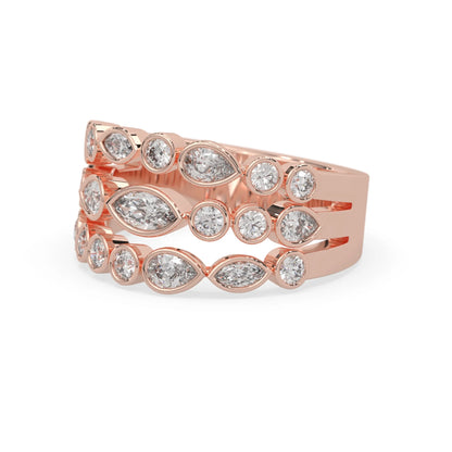 Multi shape bezel set three row lab grown diamond engagement ring with marquise, pear, and round diamonds in rose gold