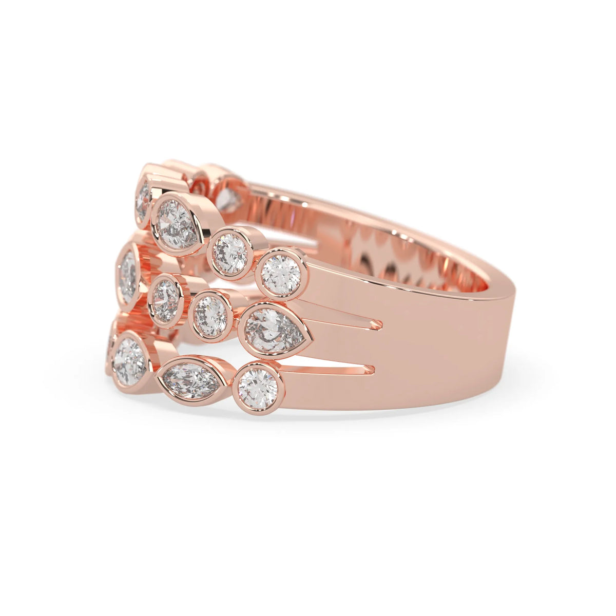 Multi shape bezel set three row lab grown diamond engagement ring with marquise, pear, and round diamonds in rose gold