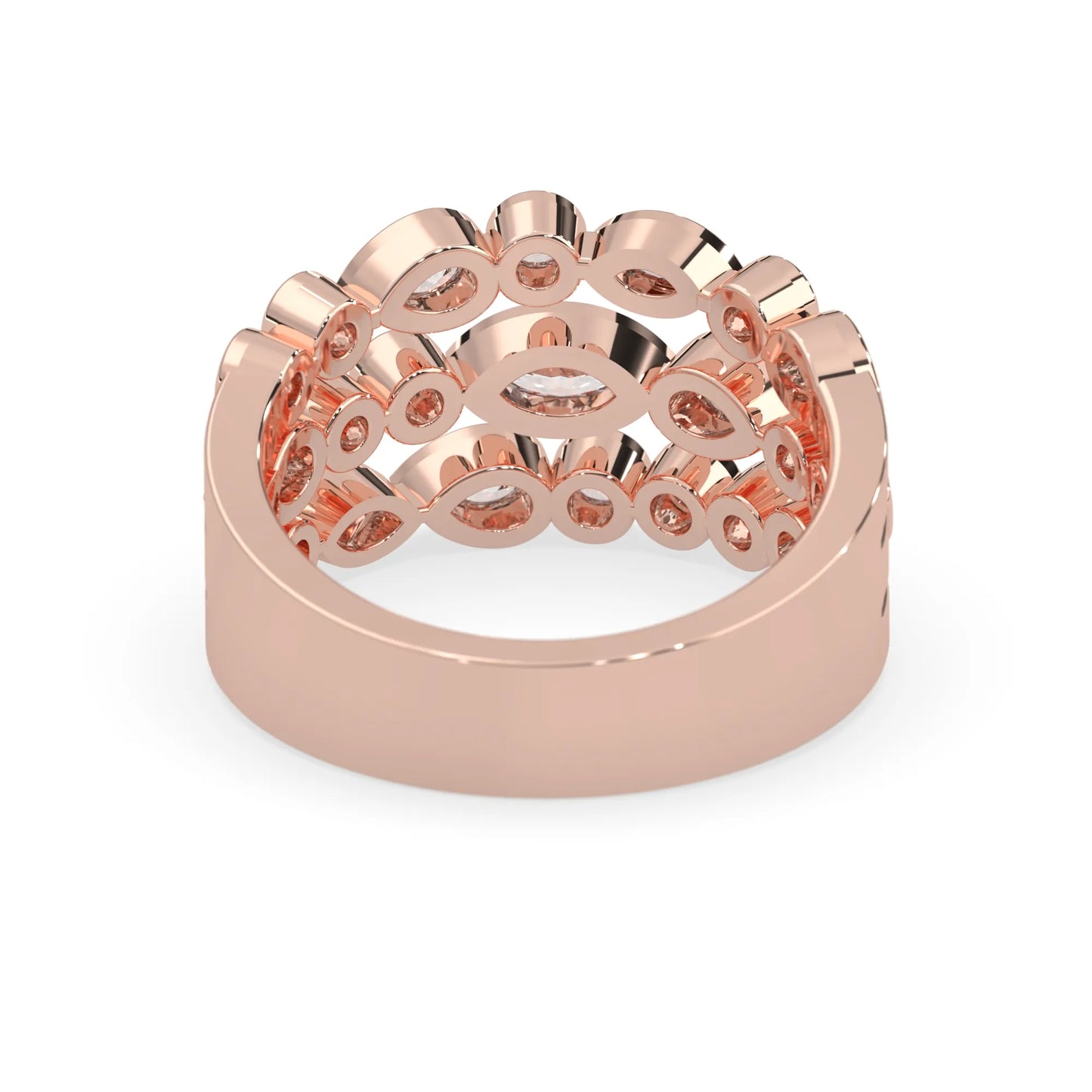 Multi shape bezel set three row lab grown diamond engagement ring with marquise, pear, and round diamonds in rose gold