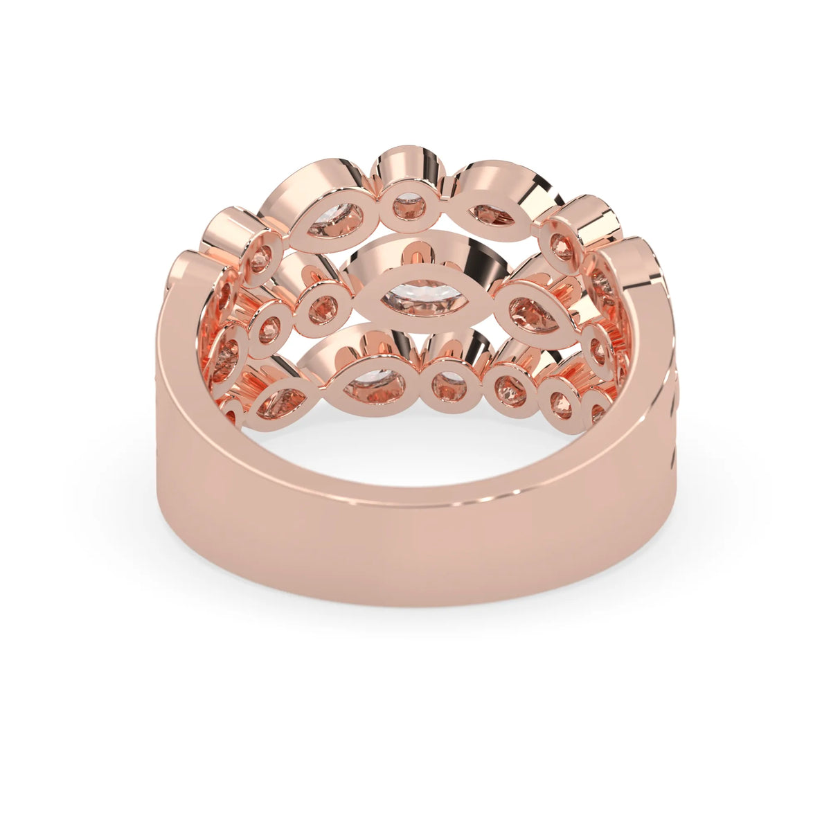Multi shape bezel set three row lab grown diamond engagement ring with marquise, pear, and round diamonds in rose gold