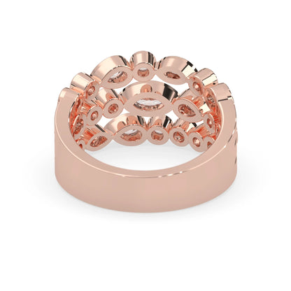 Multi shape bezel set three row lab grown diamond engagement ring with marquise, pear, and round diamonds in rose gold