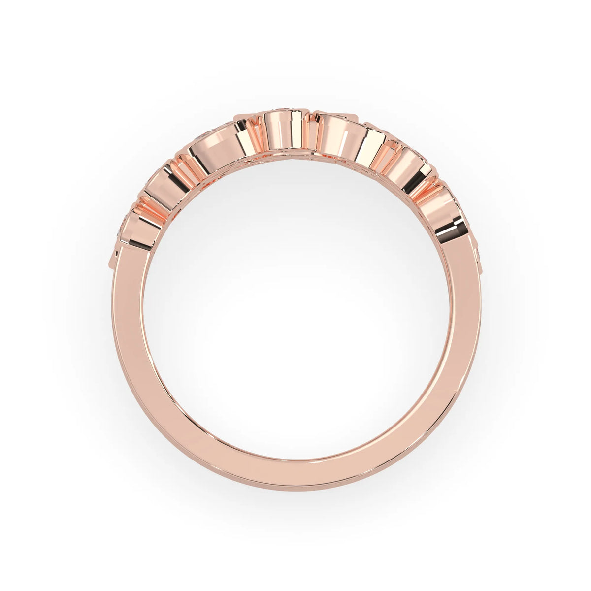Multi shape bezel set three row lab grown diamond engagement ring with marquise, pear, and round diamonds in rose gold