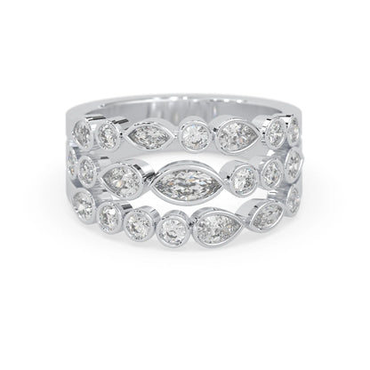 Multi shape bezel set three row lab grown diamond engagement ring with marquise, pear, and round diamonds in white gold