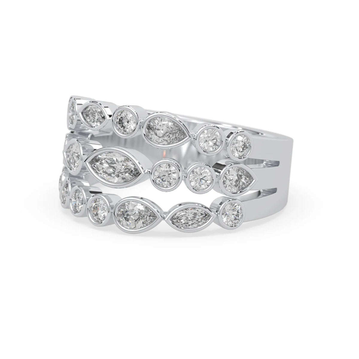 Multi shape bezel set three row lab grown diamond engagement ring with marquise, pear, and round diamonds in white gold