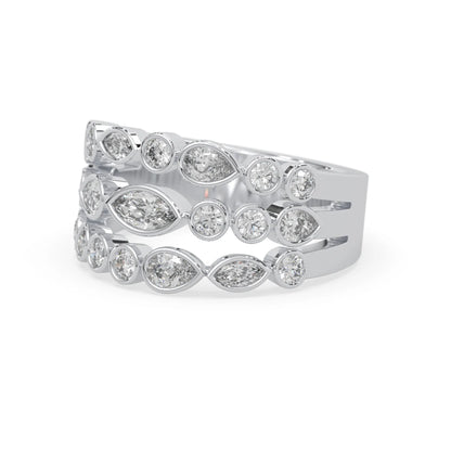 Multi shape bezel set three row lab grown diamond engagement ring with marquise, pear, and round diamonds in white gold