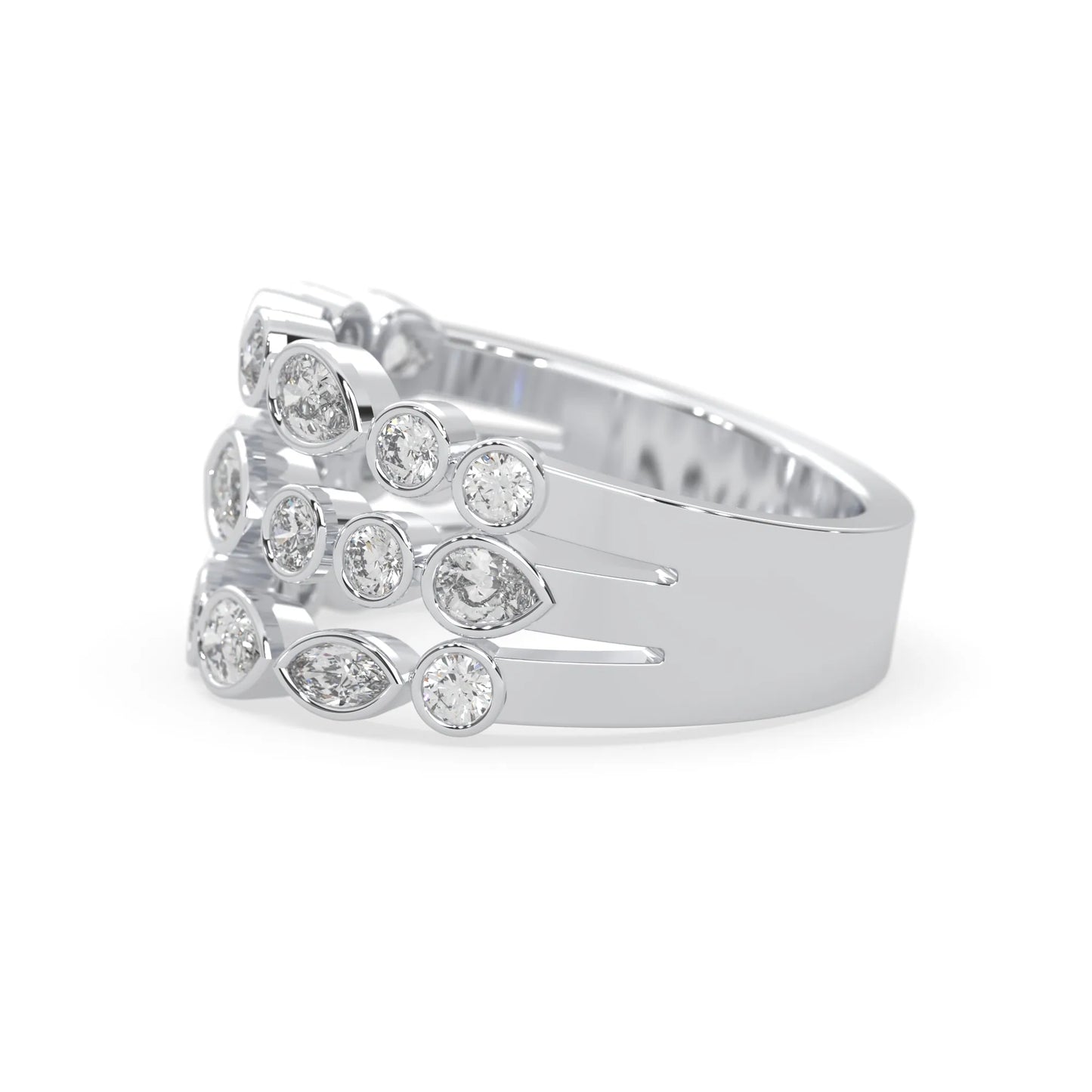 Multi shape bezel set three row lab grown diamond engagement ring with marquise, pear, and round diamonds in white gold