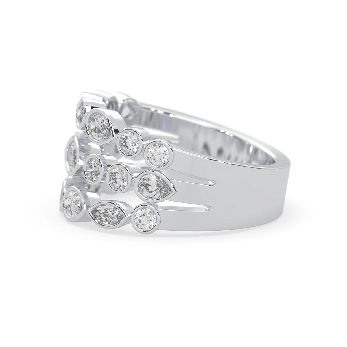 Multi shape bezel set three row lab grown diamond engagement ring with marquise, pear, and round diamonds in white gold