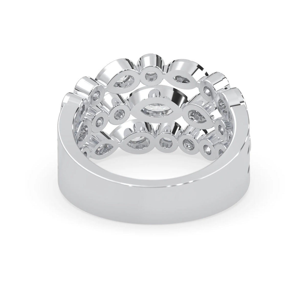 Multi shape bezel set three row lab grown diamond engagement ring with marquise, pear, and round diamonds in white gold