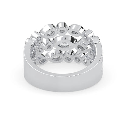 Multi shape bezel set three row lab grown diamond engagement ring with marquise, pear, and round diamonds in white gold