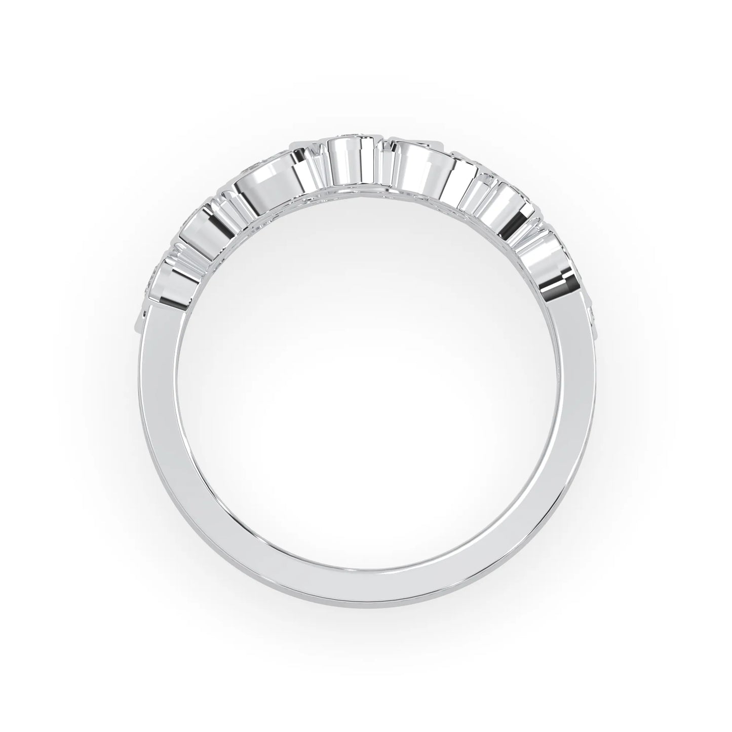 Multi shape bezel set three row lab grown diamond engagement ring with marquise, pear, and round diamonds in white gold