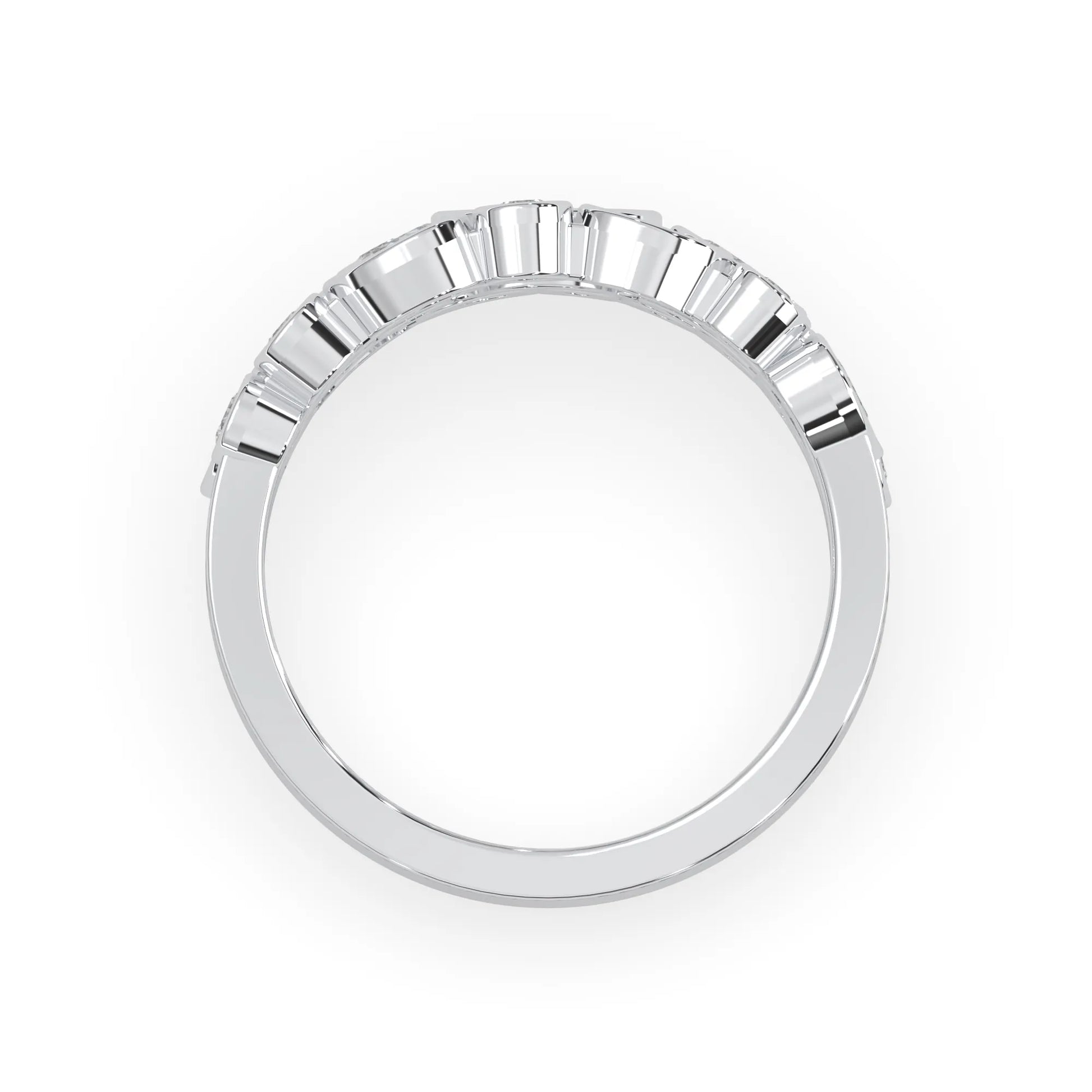 Multi shape bezel set three row lab grown diamond engagement ring with marquise, pear, and round diamonds in white gold