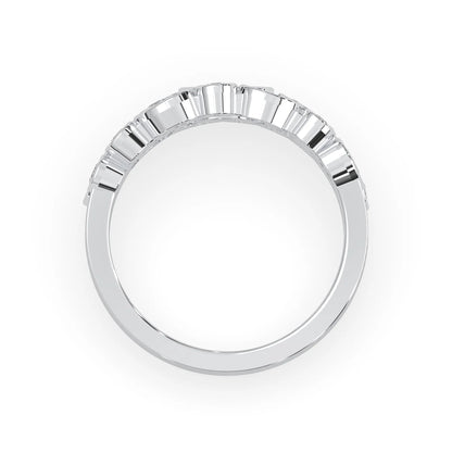Multi shape bezel set three row lab grown diamond engagement ring with marquise, pear, and round diamonds in white gold