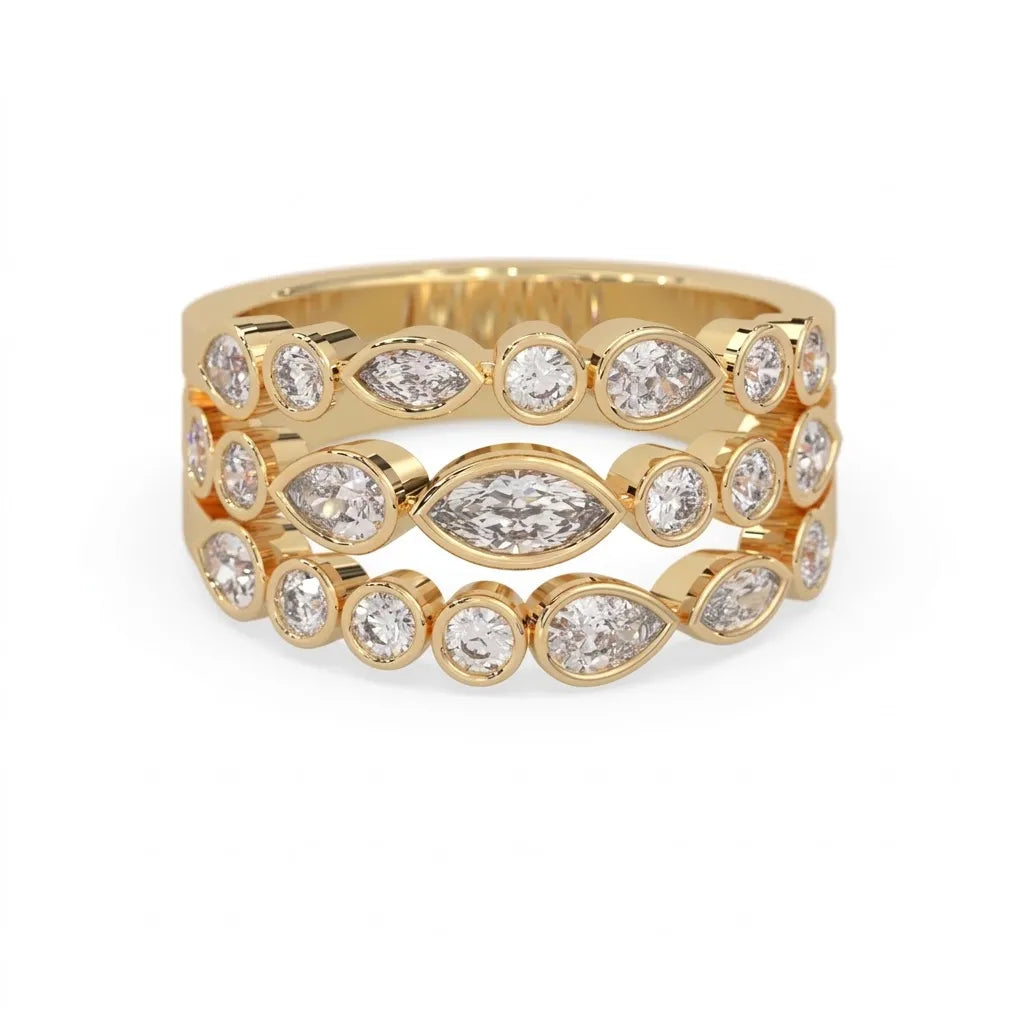 Multi shape bezel set three row lab grown diamond engagement ring with marquise, pear, and round diamonds in yellow gold