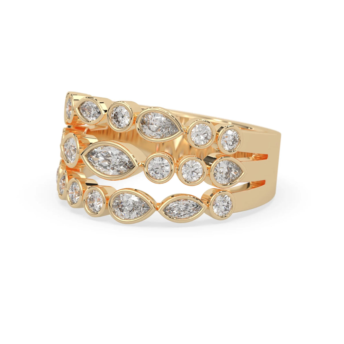 Multi shape bezel set three row lab grown diamond engagement ring with marquise, pear, and round diamonds in yellow gold