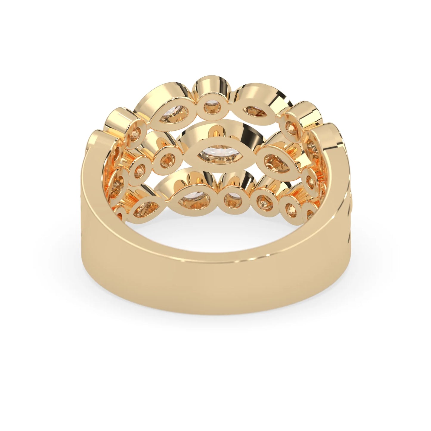 Multi shape bezel set three row lab grown diamond engagement ring with marquise, pear, and round diamonds in yellow gold