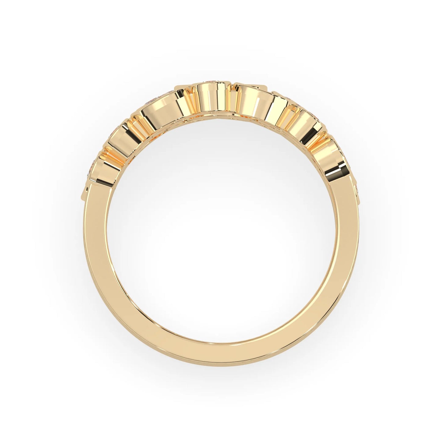 Multi shape bezel set three row lab grown diamond engagement ring with marquise, pear, and round diamonds in yellow gold
