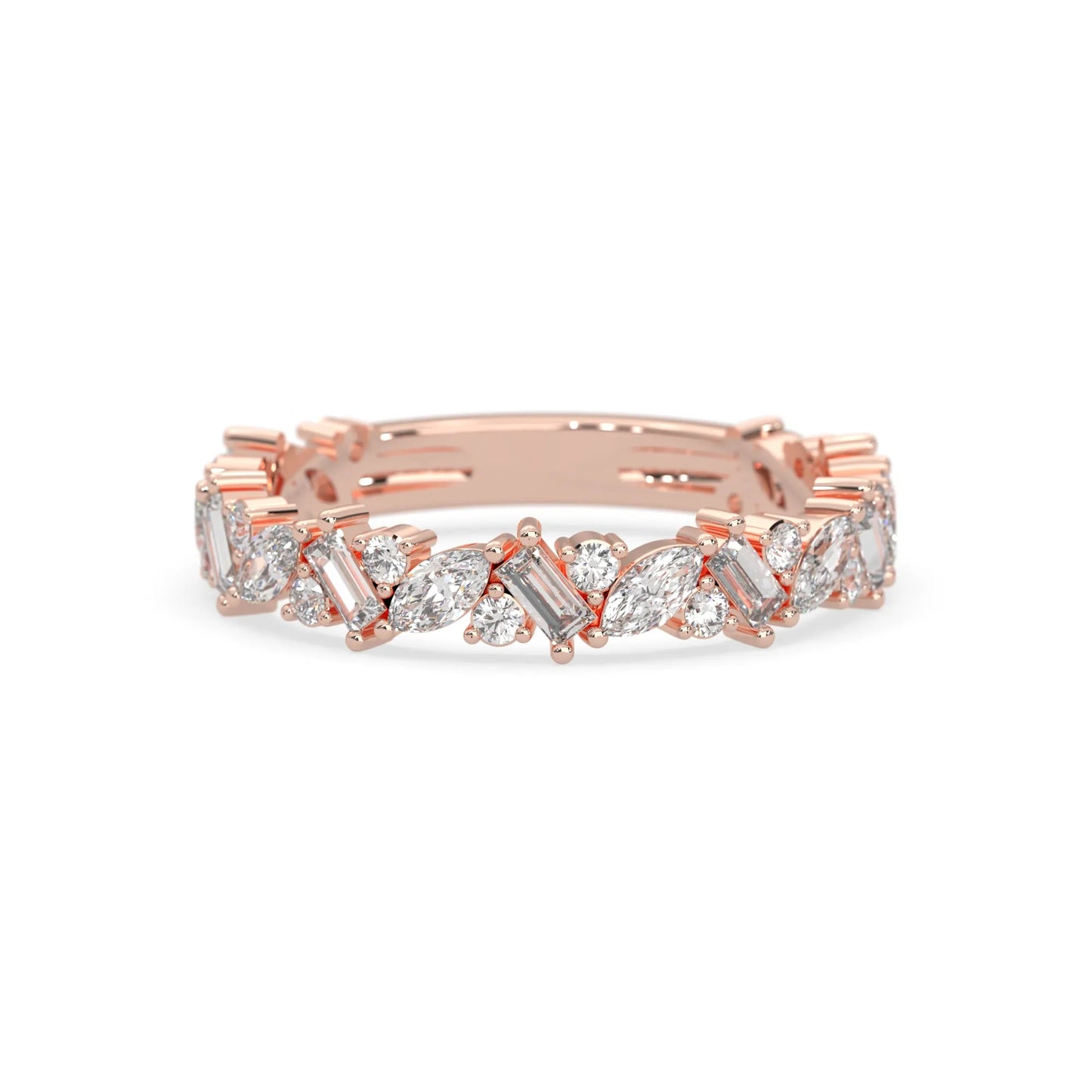 Multi shape lab grown diamond eternity band featuring baguette, marquise and round cut diamonds in a floral cluster design in rose gold