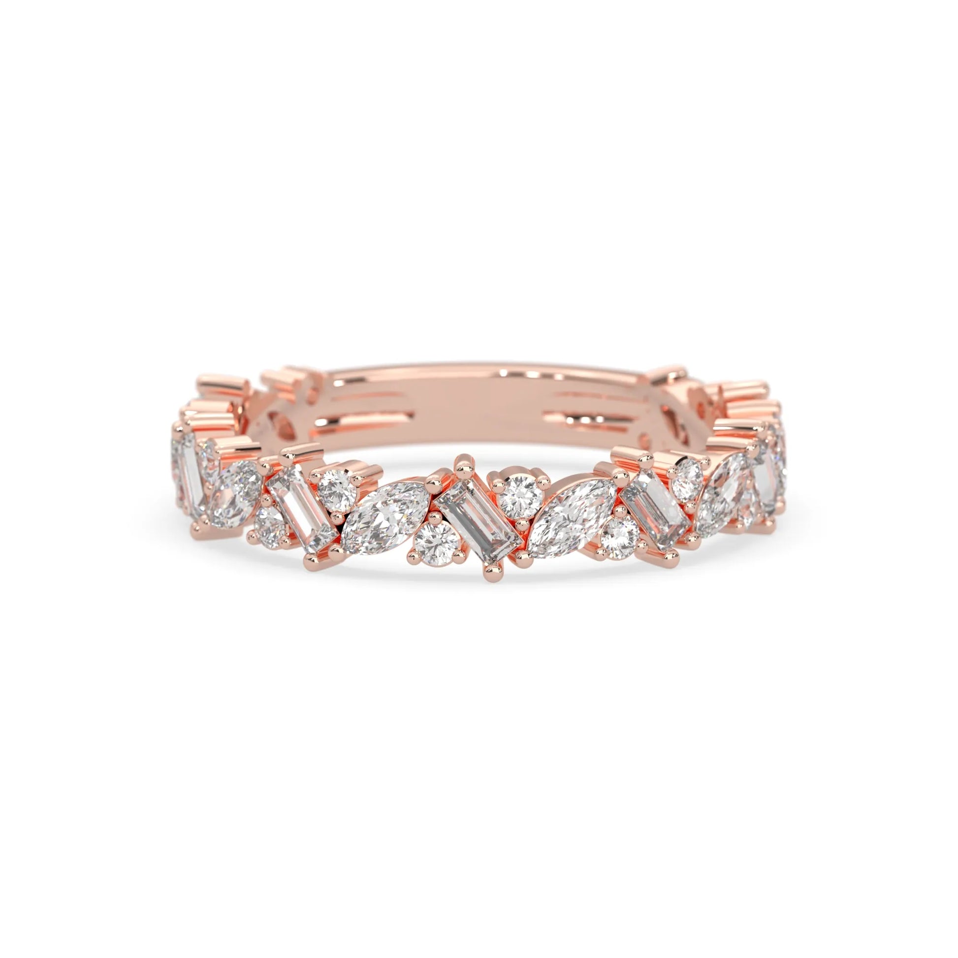 Multi shape lab grown diamond eternity band featuring baguette, marquise and round cut diamonds in a floral cluster design in rose gold