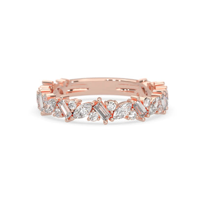 Multi shape lab grown diamond eternity band featuring baguette, marquise and round cut diamonds in a floral cluster design in rose gold