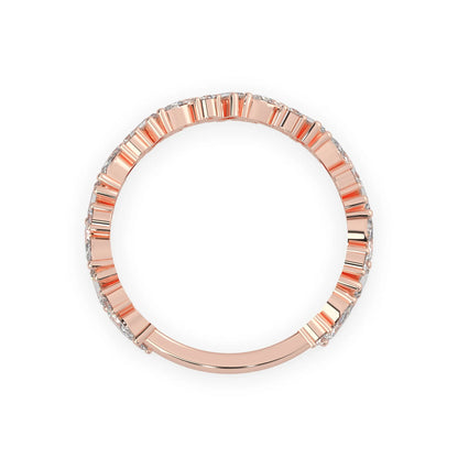 Multi shape lab grown diamond eternity band featuring baguette, marquise and round cut diamonds in a floral cluster design in rose gold