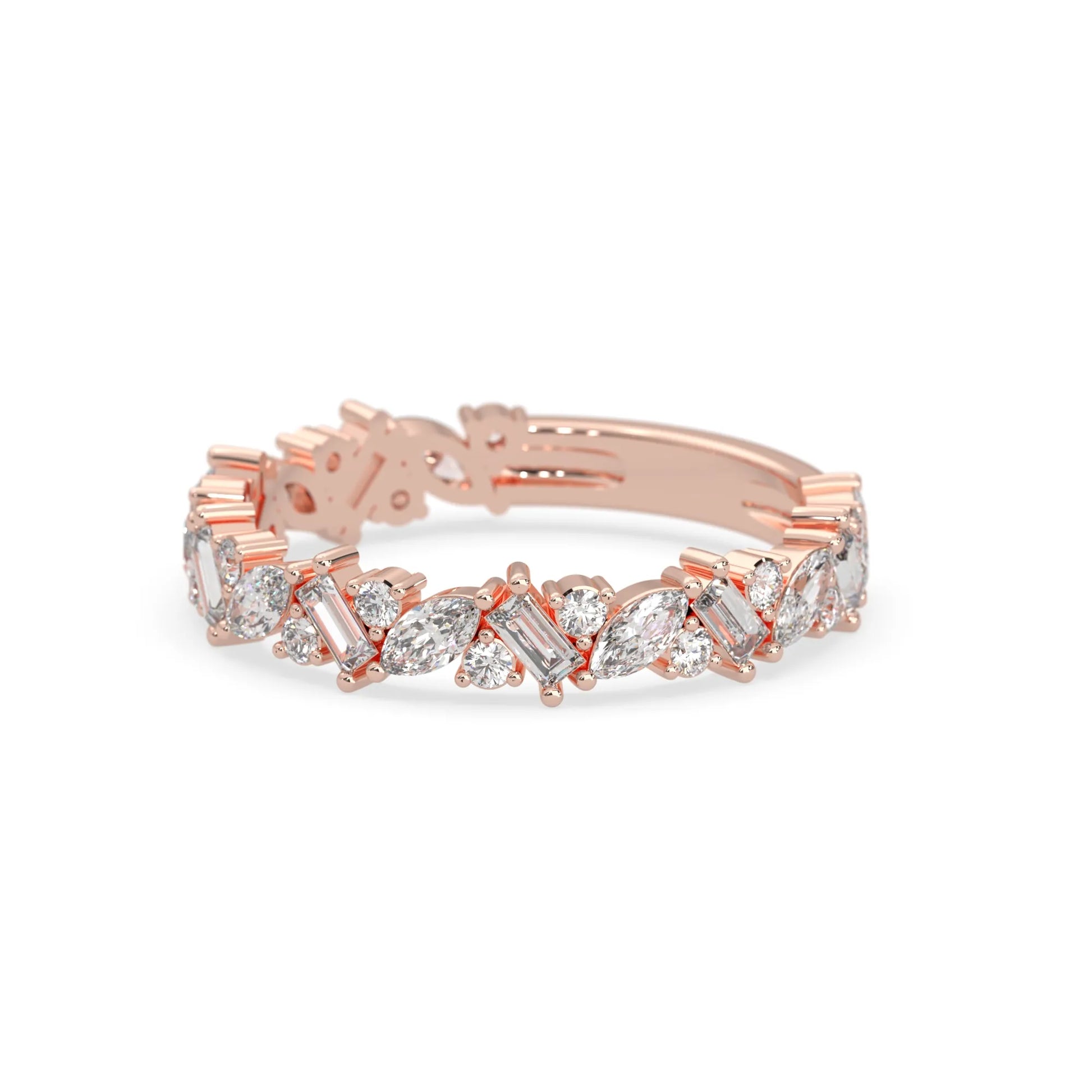 Multi shape lab grown diamond eternity band featuring baguette, marquise and round cut diamonds in a floral cluster design in rose gold