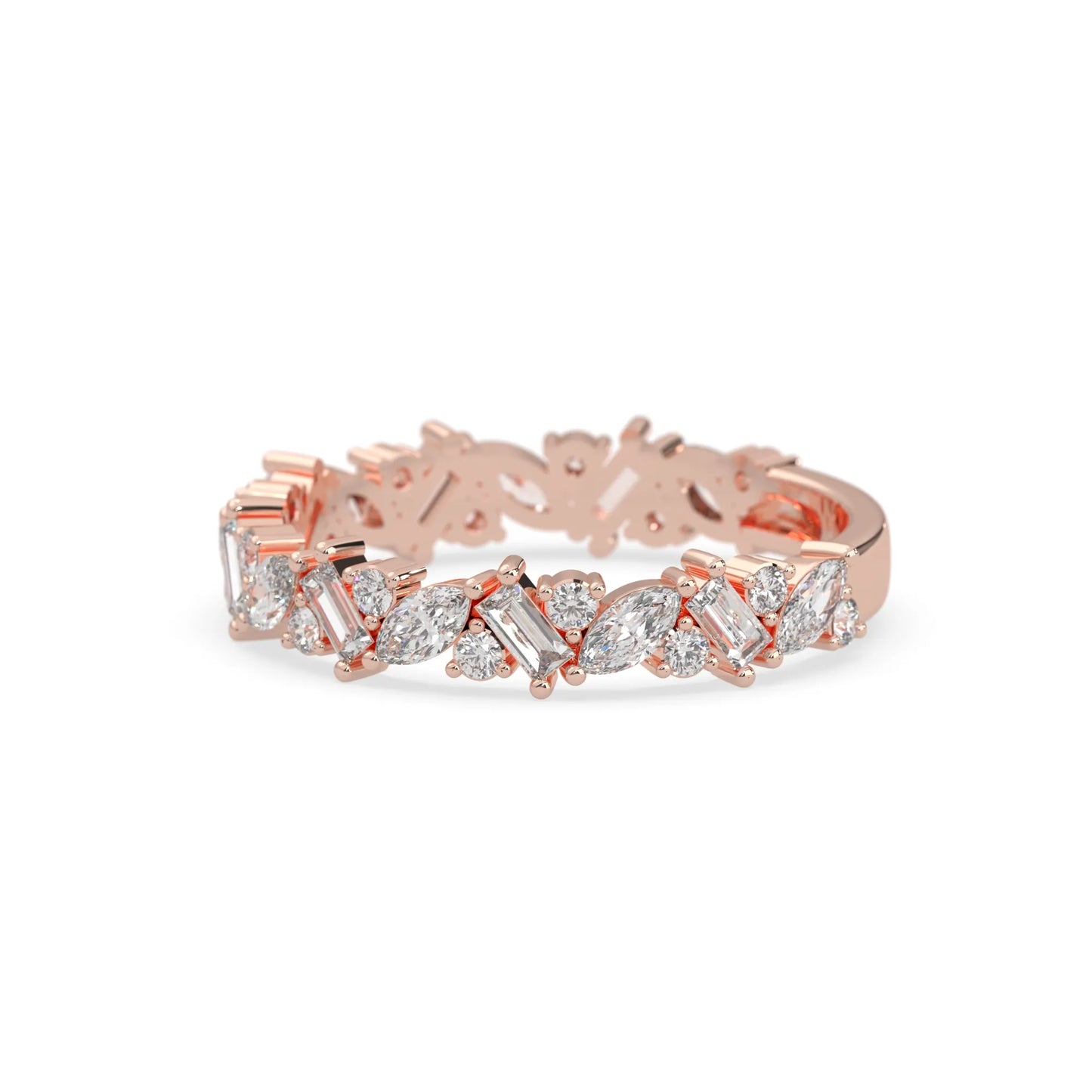 Multi shape lab grown diamond eternity band featuring baguette, marquise and round cut diamonds in a floral cluster design in rose gold