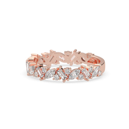 Multi shape lab grown diamond eternity band featuring baguette, marquise and round cut diamonds in a floral cluster design in rose gold