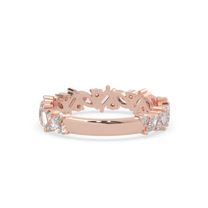 Multi shape lab grown diamond eternity band featuring baguette, marquise and round cut diamonds in a floral cluster design in rose gold