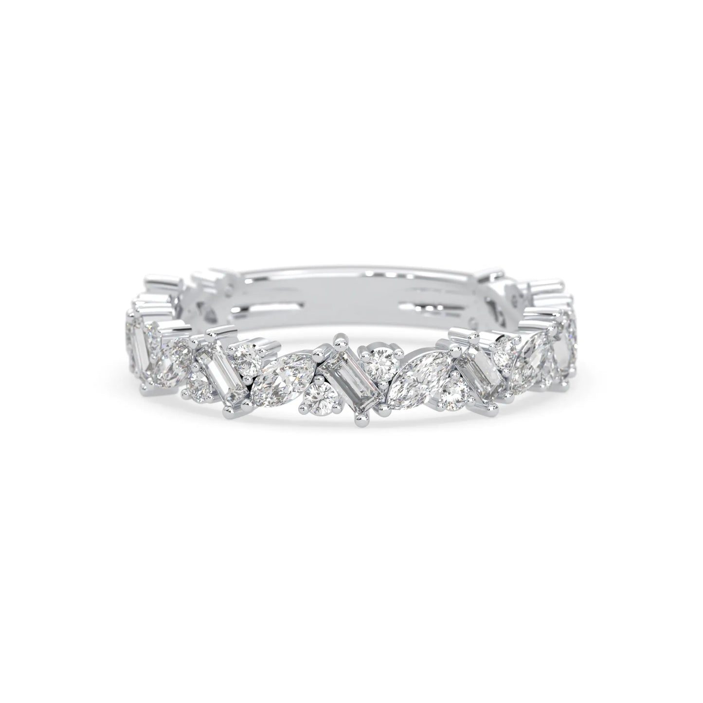Multi shape lab grown diamond eternity band featuring baguette, marquise and round cut diamonds in a floral cluster design in white gold