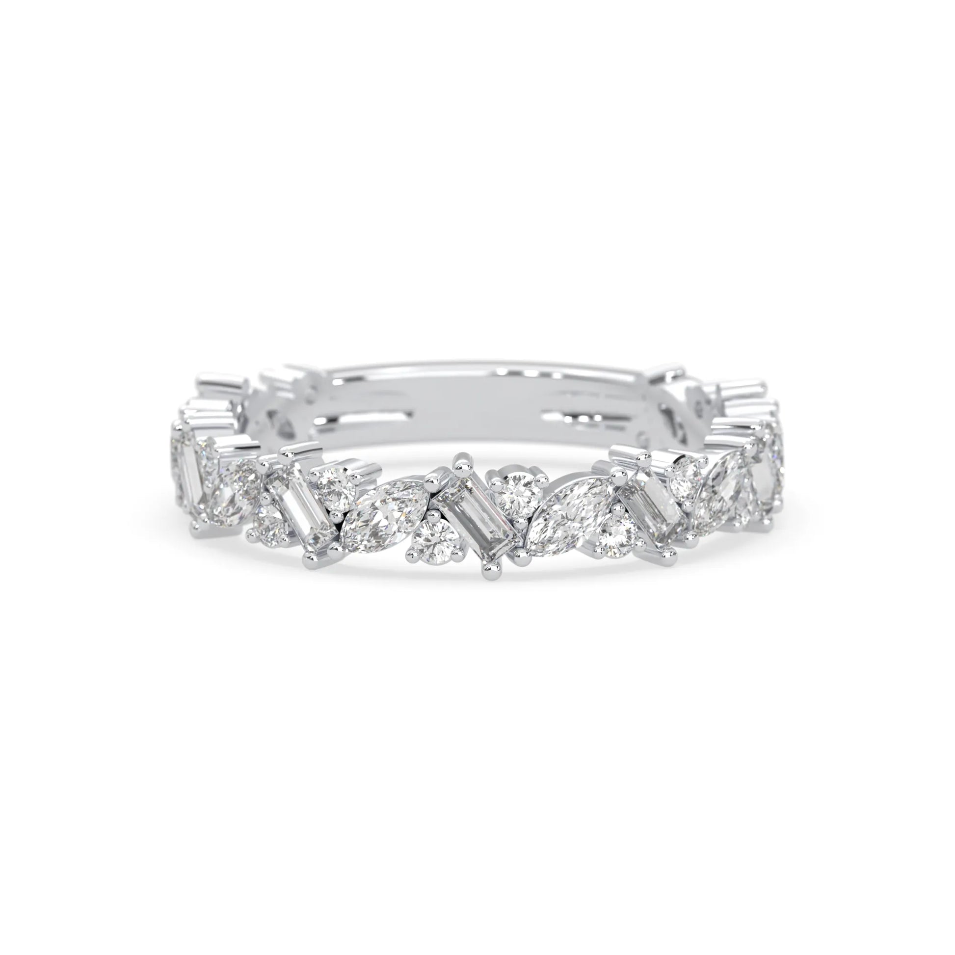 Multi shape lab grown diamond eternity band featuring baguette, marquise and round cut diamonds in a floral cluster design in white gold