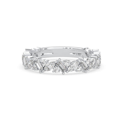 Multi shape lab grown diamond eternity band featuring baguette, marquise and round cut diamonds in a floral cluster design in white gold