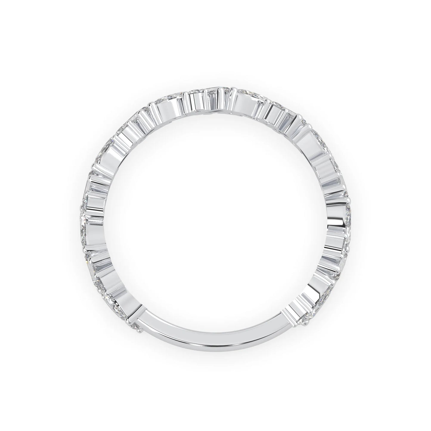 Multi shape lab grown diamond eternity band featuring baguette, marquise and round cut diamonds in a floral cluster design in white gold