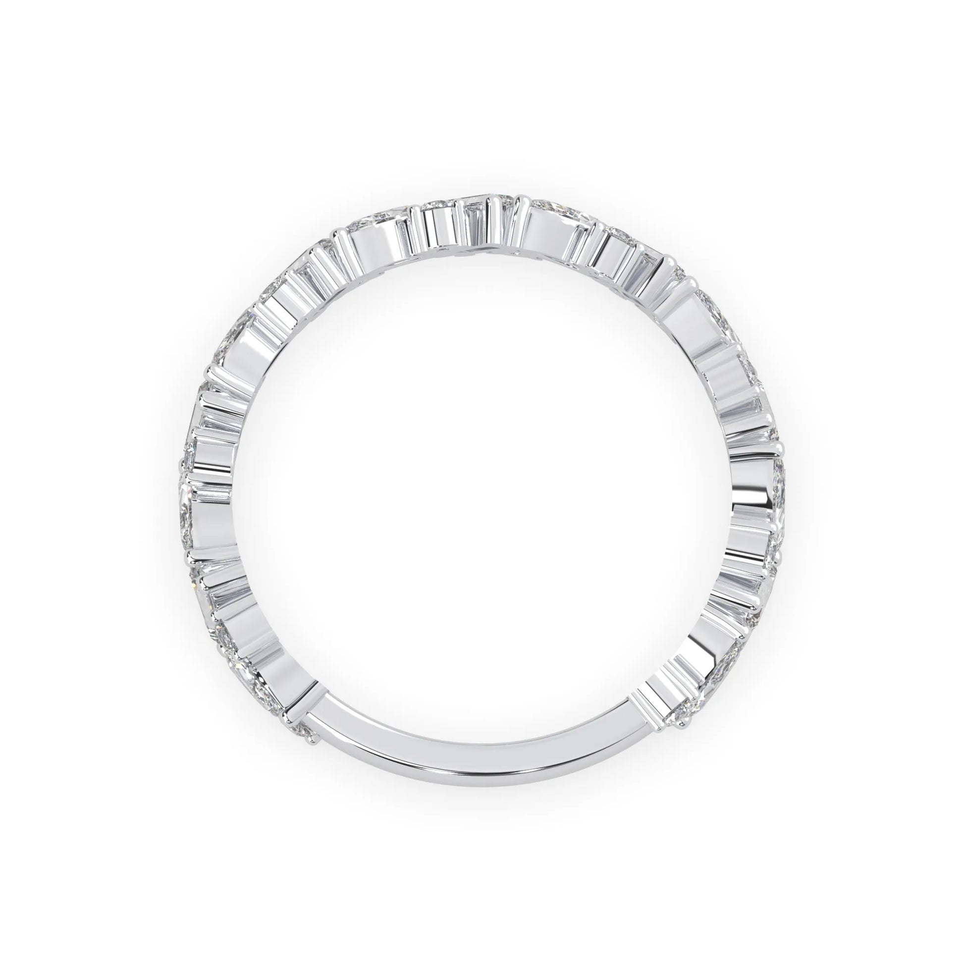 Multi shape lab grown diamond eternity band featuring baguette, marquise and round cut diamonds in a floral cluster design in white gold