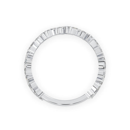 Multi shape lab grown diamond eternity band featuring baguette, marquise and round cut diamonds in a floral cluster design in white gold