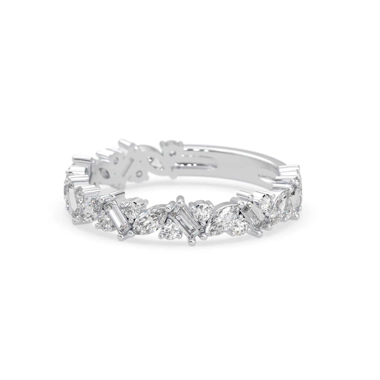 Multi shape lab grown diamond eternity band featuring baguette, marquise and round cut diamonds in a floral cluster design in white gold