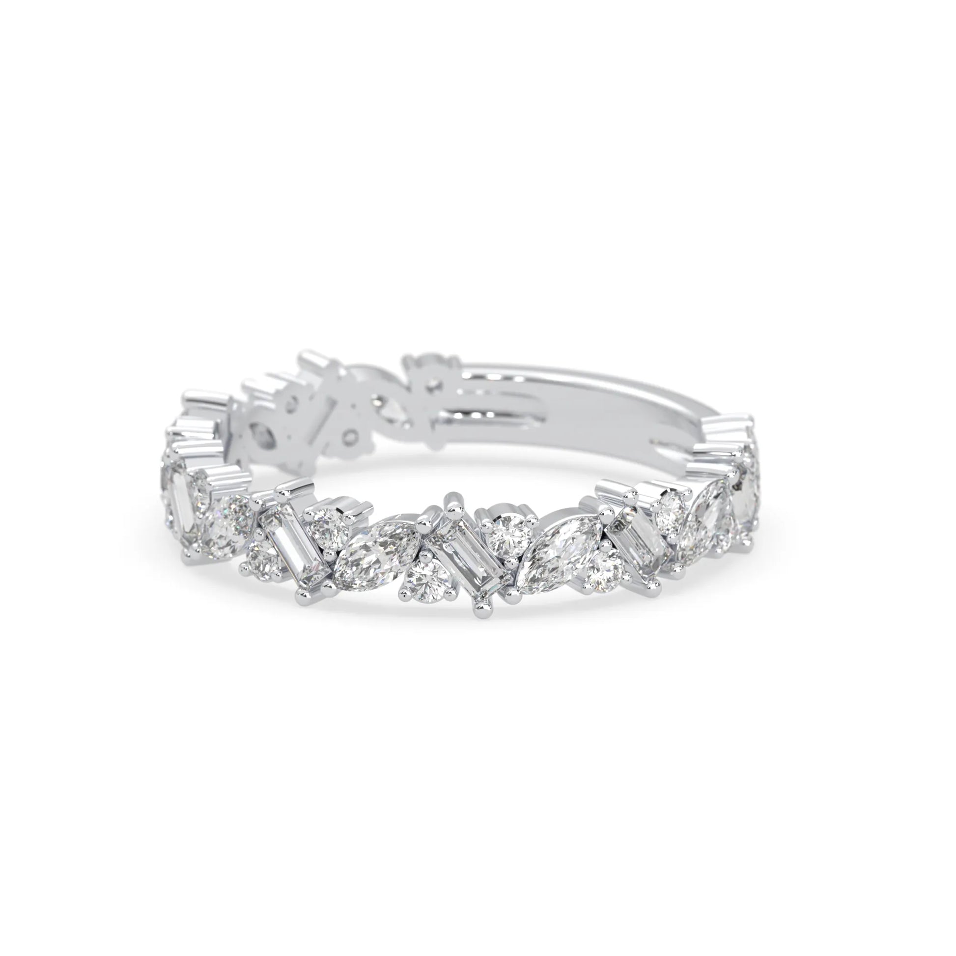 Multi shape lab grown diamond eternity band featuring baguette, marquise and round cut diamonds in a floral cluster design in white gold
