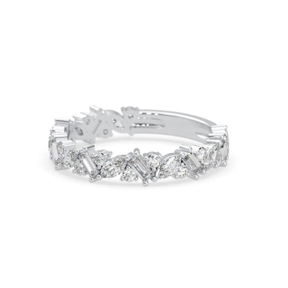 Multi shape lab grown diamond eternity band featuring baguette, marquise and round cut diamonds in a floral cluster design in white gold