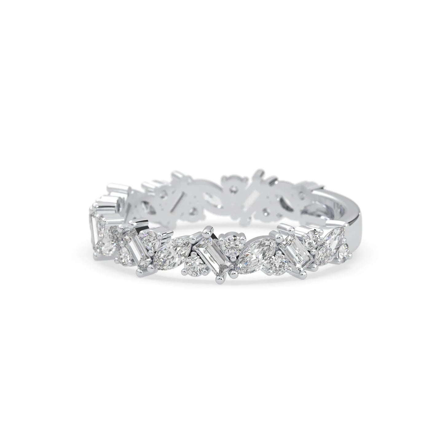 Multi shape lab grown diamond eternity band featuring baguette, marquise and round cut diamonds in a floral cluster design in white gold