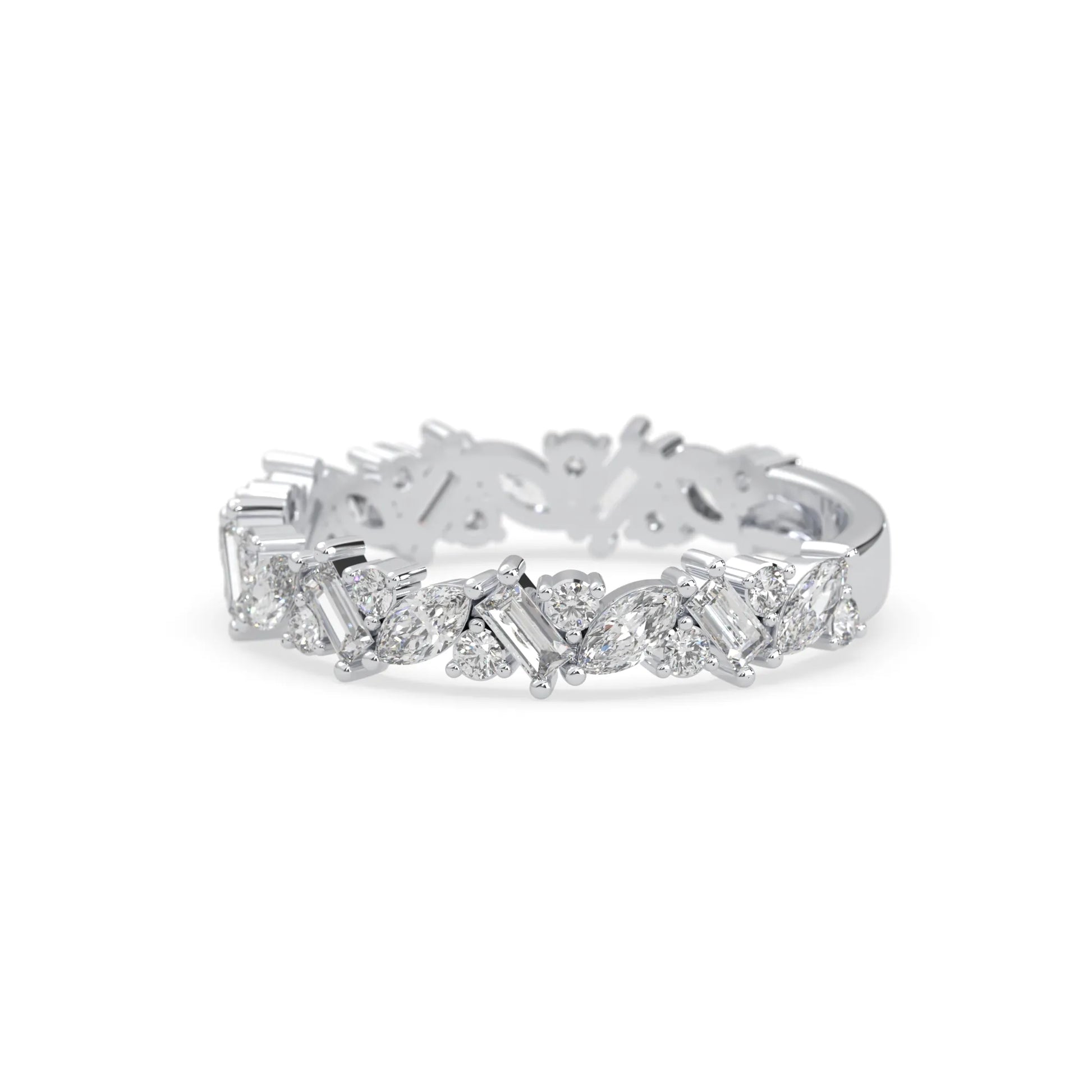 Multi shape lab grown diamond eternity band featuring baguette, marquise and round cut diamonds in a floral cluster design in white gold