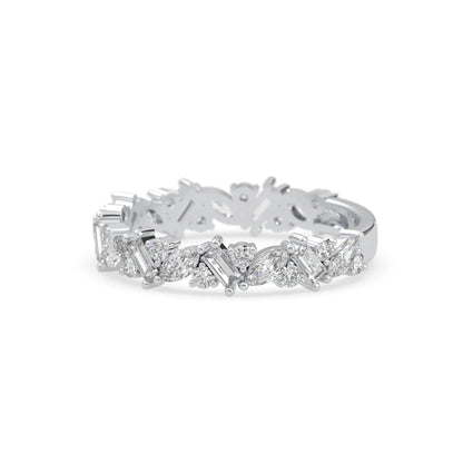 Multi shape lab grown diamond eternity band featuring baguette, marquise and round cut diamonds in a floral cluster design in white gold