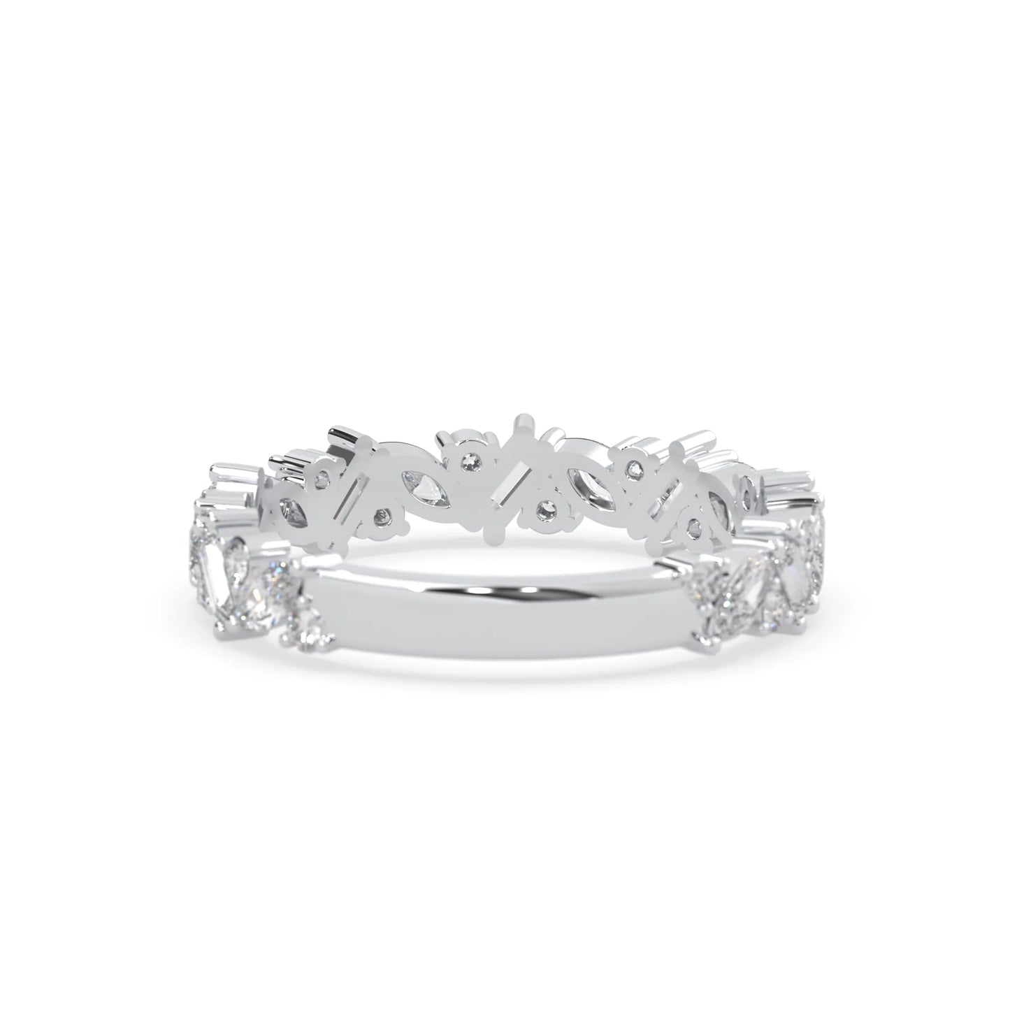 Multi shape lab grown diamond eternity band featuring baguette, marquise and round cut diamonds in a floral cluster design in white gold