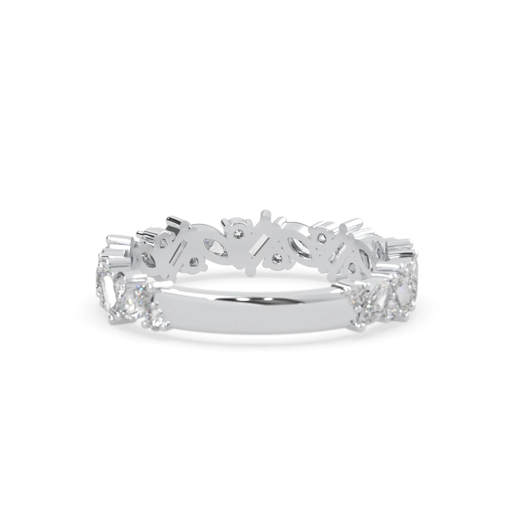 Multi shape lab grown diamond eternity band featuring baguette, marquise and round cut diamonds in a floral cluster design in white gold