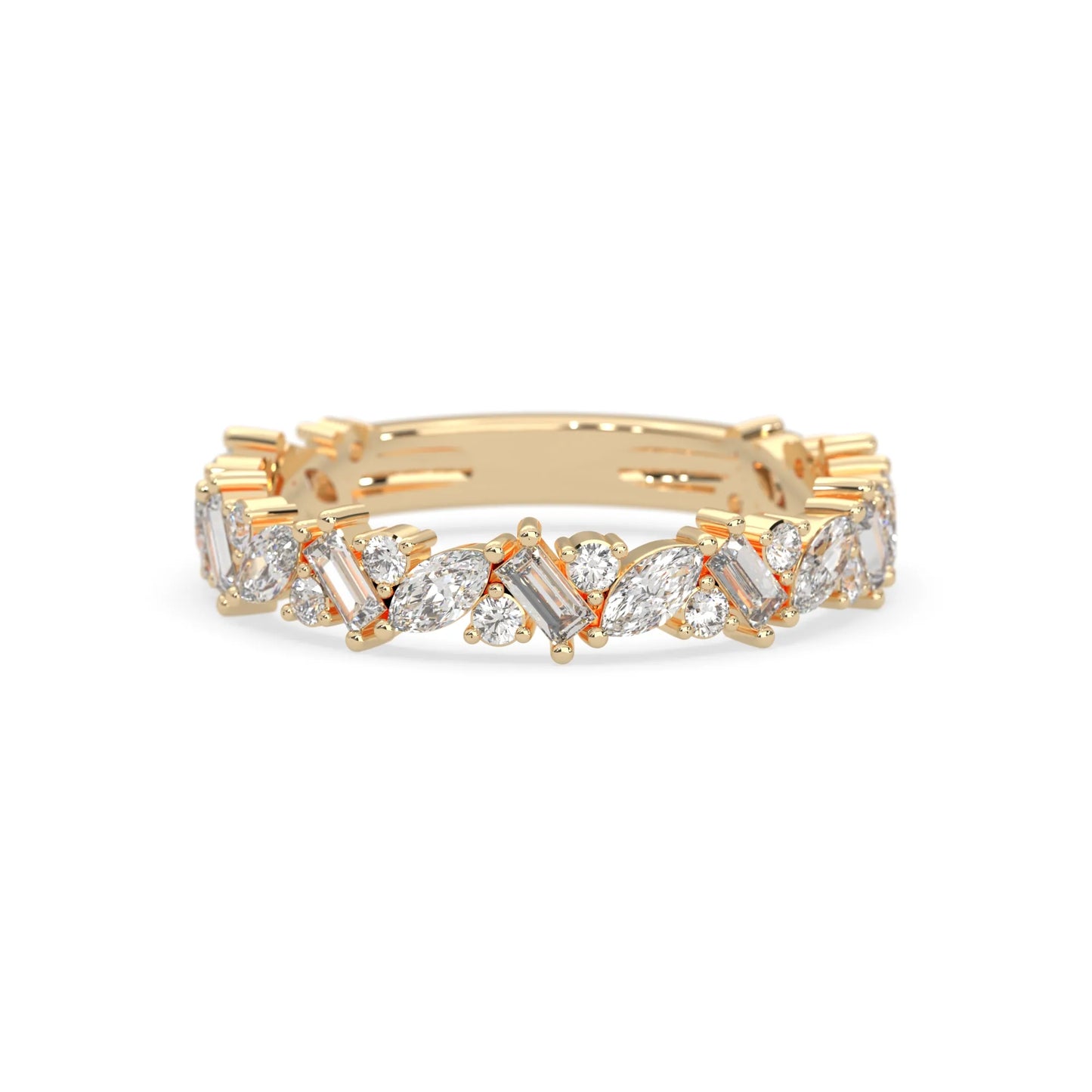 Multi shape lab grown diamond eternity band featuring baguette, marquise and round cut diamonds in a floral cluster design in yellow gold
