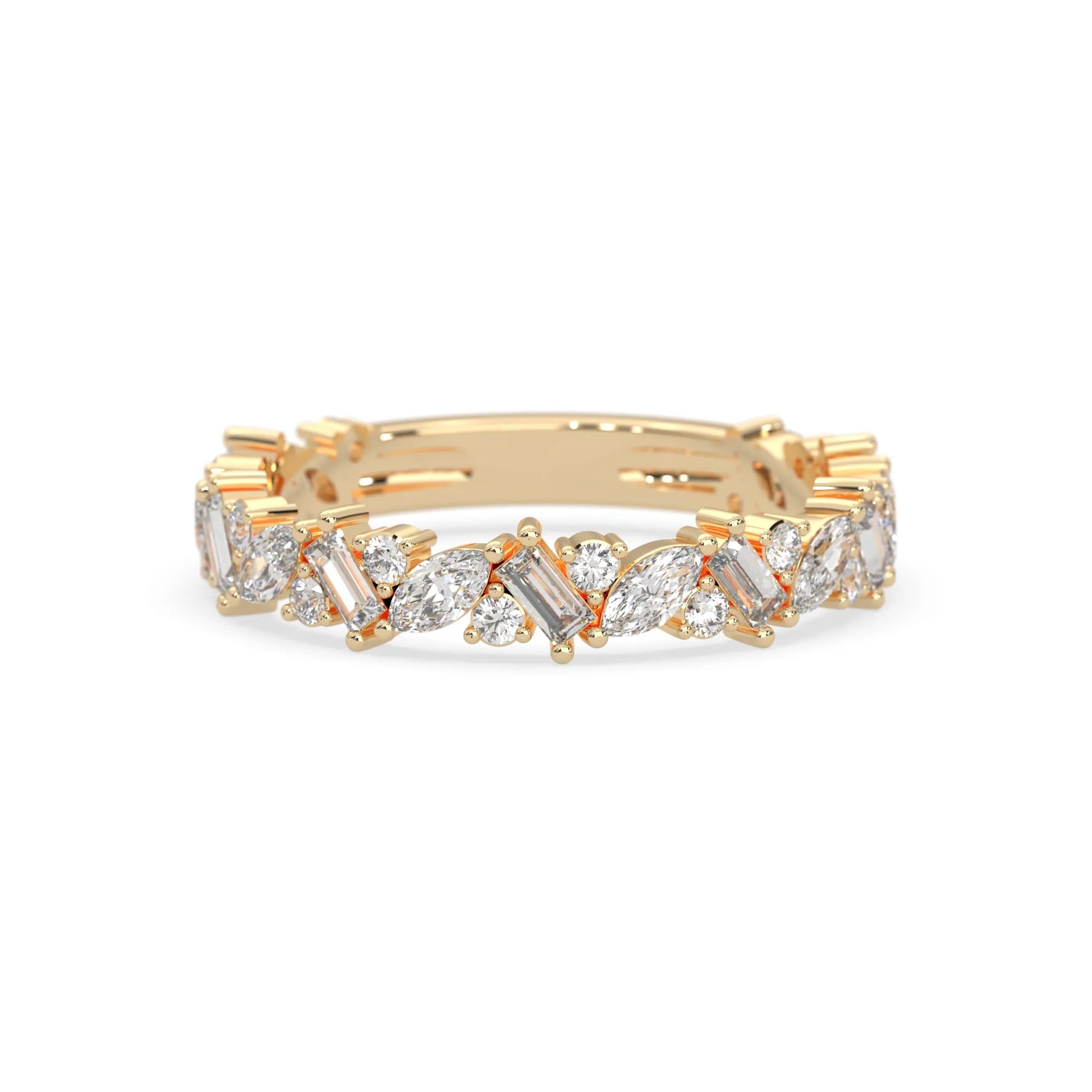 Multi shape lab grown diamond eternity band featuring baguette, marquise and round cut diamonds in a floral cluster design in yellow gold