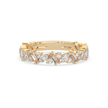 Multi shape lab grown diamond eternity band featuring baguette, marquise and round cut diamonds in a floral cluster design in yellow gold